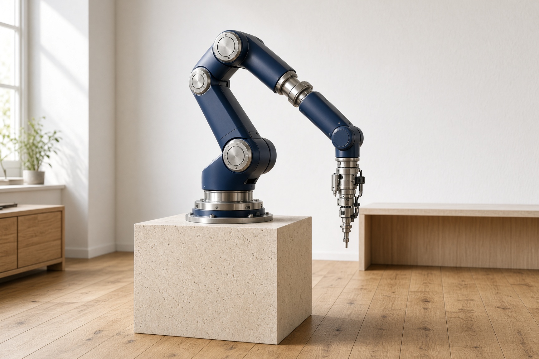 A navy seven-axis robot arm on a pale pedestal