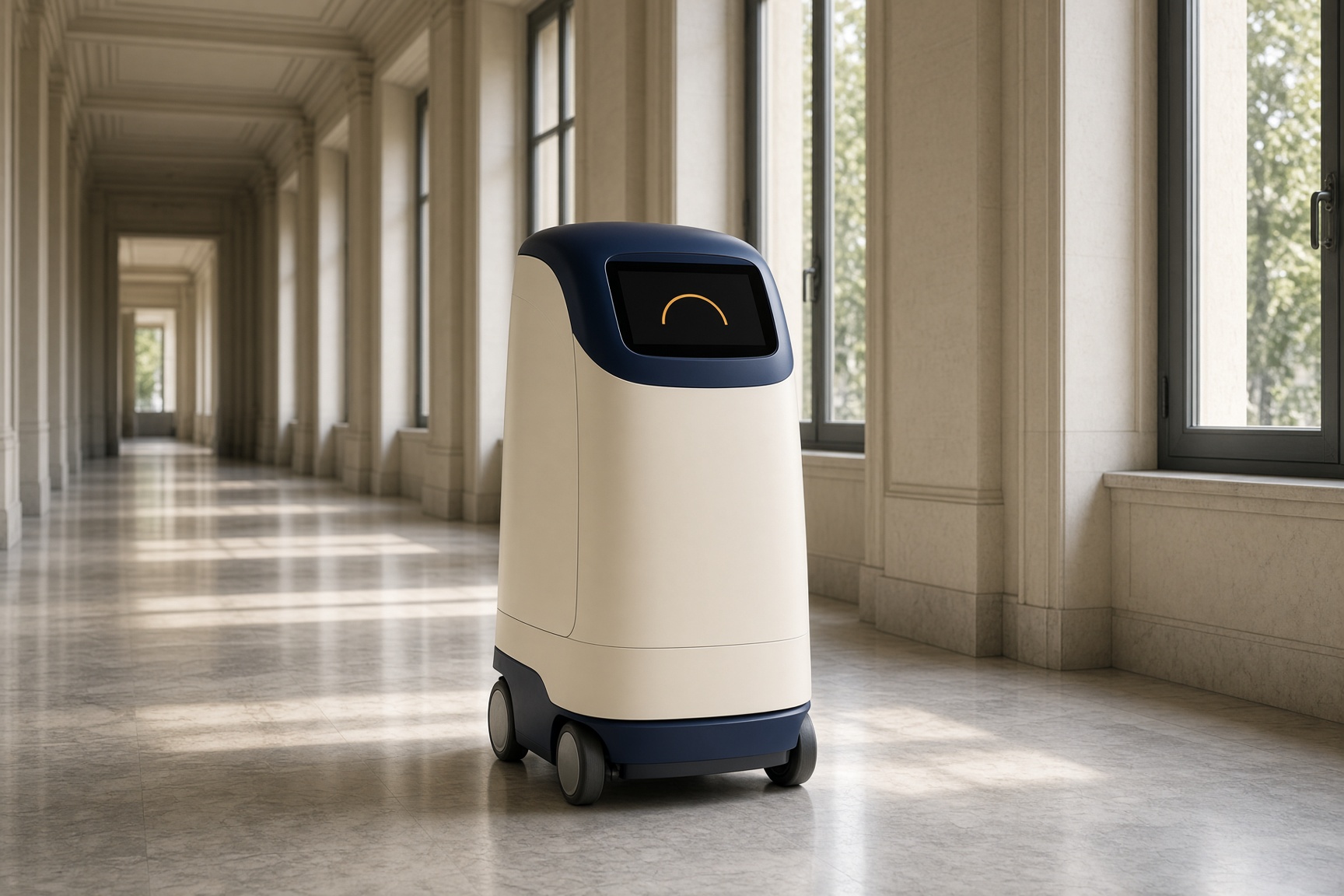 A cream and navy clinical robot standing in an empty sunlit corridor